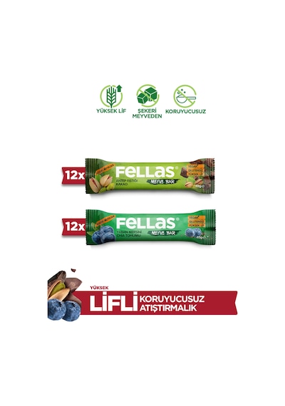 Fellas Meyve Bar 40 G Süper Ikili Kutu 24 Adet - Antep Fıstıklı X 12 Adet + Yaban Mersini X 12 Adet