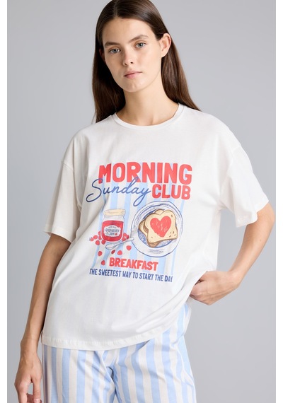Defacto Regular Fit Kısa Kollu Baskılı Çizgili 2li Pijama Takımı I8337ax26aube250 Mavi-be250