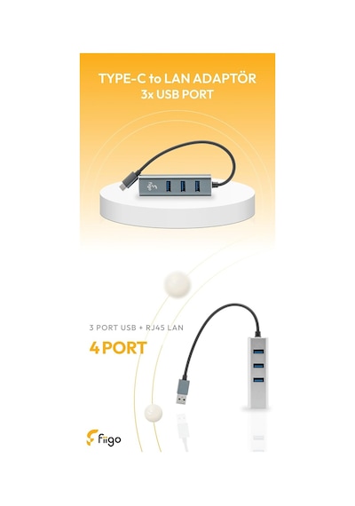 Lexroo Type-c To Lan Ve 3x Usb Alüminyum Adaptör Gri