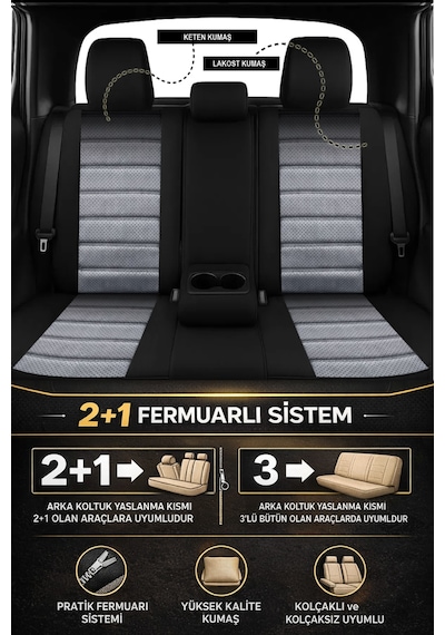 Speed Serisi Pike Kumaş Üniversal Oto Koltuk Kılıfı - 5 Koltuk Tam Set Füme