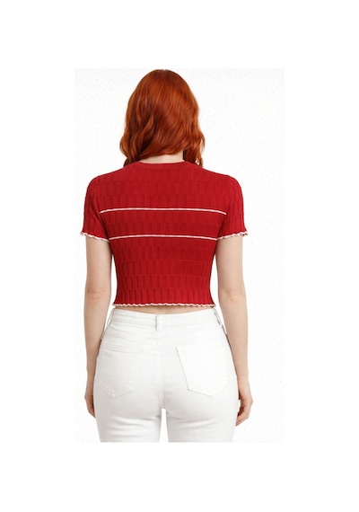 Neden Tekstil Dikdörtgen Desenli Marul Kenar Crop Triko Bluz - Kırmızı