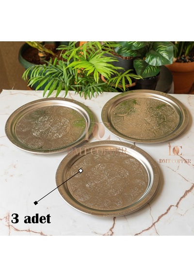 430 Kalite Krom Çelik 3 Adet Tepsi 24 Cm Fırına Uygun, Osmanlı Motifli, Kebap & Restoran Sunum Tepsisi Gri