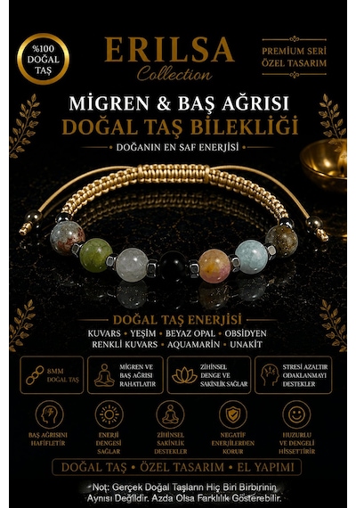 Sertifikalı Migren Baş Ağrısı Doğal Taş Bilekliği - Ayarlanabilir Unisex Premium Tasarım 8mm Çok Renkli