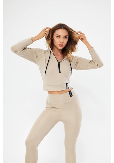 Lesa Wear Kapüşonlu Içi Polarlı Yumuşacık Şardonlu Kaşkorse Crop Likra Sweatshirt BEJ