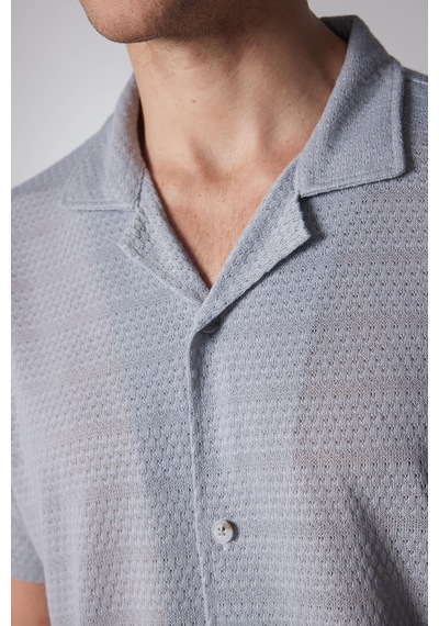 Tudors Slim Fit Kısa Kollu Dar Kesim Apaj Yaka Örme Kumaş Yazlık Gri Erkek Gömlek-31156-gri Gri