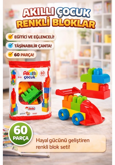 Akıllı Çocuk Renkli Bloklar 60 Parça Eğitici Ve Taşınabilir Yapı Oyuncağı