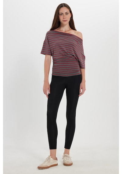 Tudors Kadın Regular Fit Klasik Kesim Asimetrik Yaka Yarasa Kol Çizgili Likralı Bordo Viskon Crop Bluz-52831