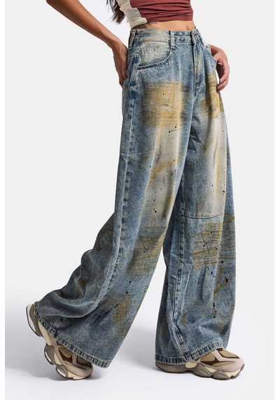 Kadın Kot Rengi Palazzo Fit T14t Özel Yıkama Tasarım Denim Jean Mavi