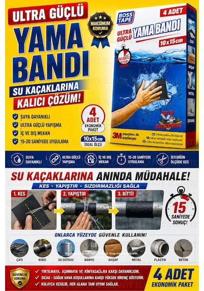 Ultra Güçlü Yama Bandı Çatlak, Delik Ve Su Kaçaklarına Kalıcı Çözüm 4 Adet