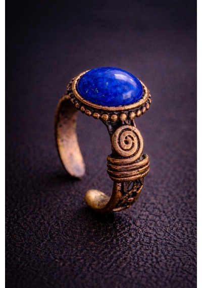 Kadın Bakır Yüzük Doğal Lapis Lazuli Taşlı El İşçiliği Otantik Model Saf Bakır Yüzük