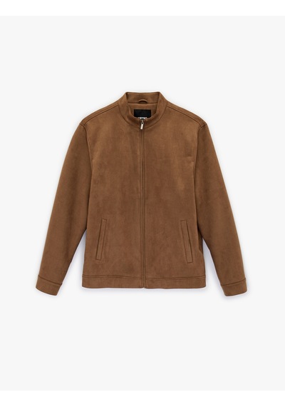 Koton Uzun Kollu Dik Yaka Cepli Fermuarlı Slim Fit Kahverengi Suni Süet Bomber Ceket Bej 6sam20026hw Ekru
