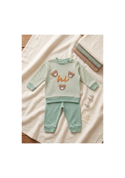 Deniva Kids Bebek Mint Yeşili Çizgili Kabartma Ayıcık Nakışlı Pamuklu 2'li Alt Üst Takım Yeşil