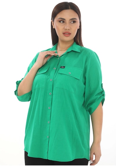 Lady Majestic %100 Cotton Büyük Beden Natural Gömlek - Zümrüt Yeşili