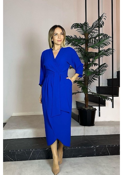 Ges Moda M2009 Kruvaze Yaka Kuşaklı Elbise Saks Mavi-saks Mavi Saks Mavisi