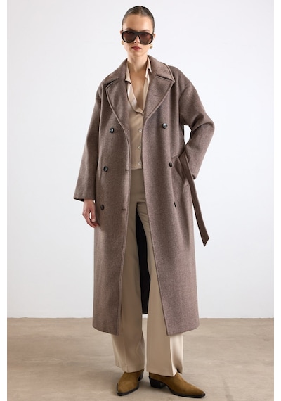 Olcay Oversize Düşük Kol Kruvaze Kaban Latte 3173 Krem