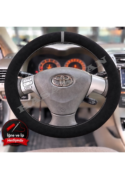Toyota Corolla Fielder Dikme Direksiyon Kılıfı Full Alcantara Süet Gri Yüzük Ve Gri Dikiş 2004-2006 Siyah