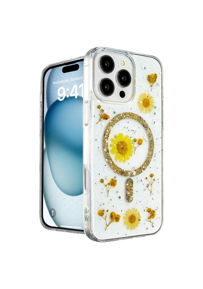 Newface Apple Uyumlu iPhone 16 Pro Kılıf Daisy Simli Magsafe Kapak - Gold Gold