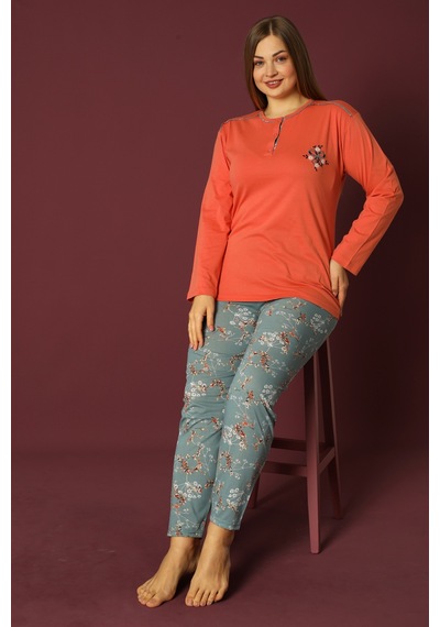 Nisanca Uzun Kollu %100 Pamuk Büyük Beden Anne Pijama Takımı- Anne Özel Serisi Turuncu