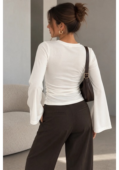Bb Butik Basic Yan Büzgülü İspanyol Kol Basic Kadın Bluz My3535 Beyaz