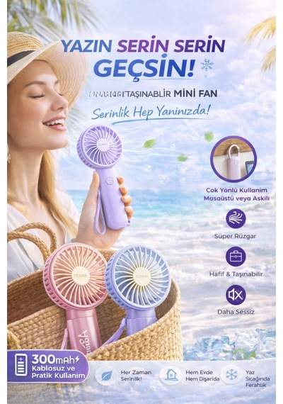 Taşınabilir Mini Fan 300mah Kablosuz Sessiz Güçlü Motor Yaz İçin Serinlik Sağlar 3 Kademeli Serinlik