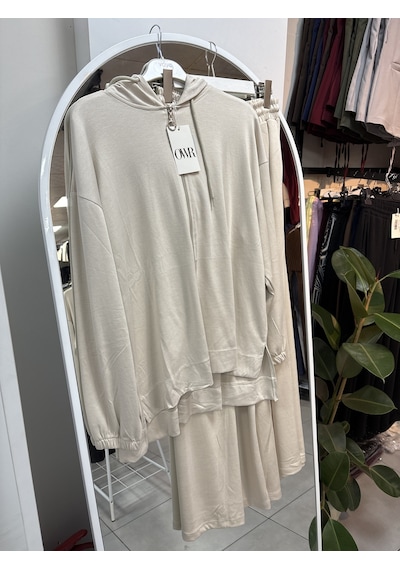 Nirva Butik Kapşonlu Fermuarlı Takım Pantolon Etekli Owrl Krem