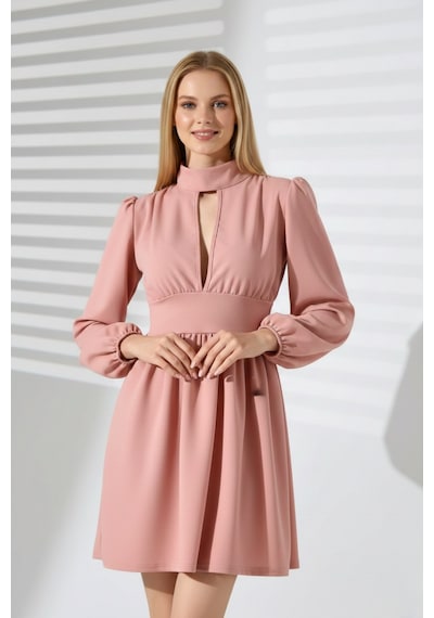 Zedefx Kadın Uzun Kollu Göğüs Dekolteli Elbise Pembe
