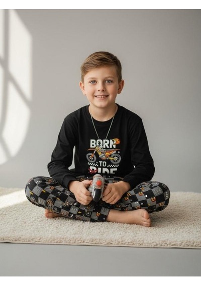 Zekids Erkek Çocuk Pamuklu Born To Ride Baskılı Pijama Takımı-16820 Siyah