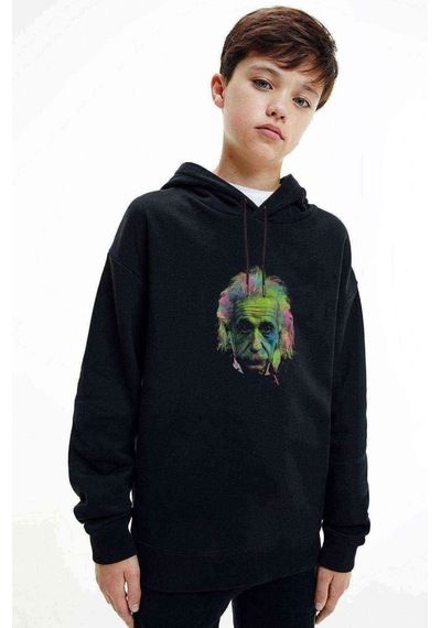 Tshirthane Albert Einstein Colors Baskılı Unisex Çocuk Kapüşonlu Siyah Sweat Siyah