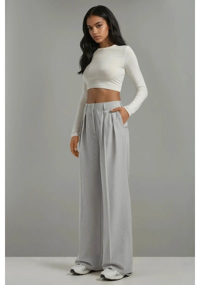 Hiccup Çizgili Geniş Paça Pileli Palazzo Pantolon Açık Gri