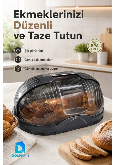 Kapaklı Ekmek Dolabı Plastik Ekmeklik Mutfak Tezgah Üstü Ekmek Saklama Kabı - Siyah
