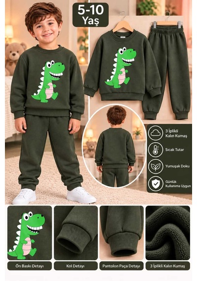 Üç Gül Ticaret Erkek Çocuk Dinozor Desenli 3 İplik Eşofman Takımı Haki Haki