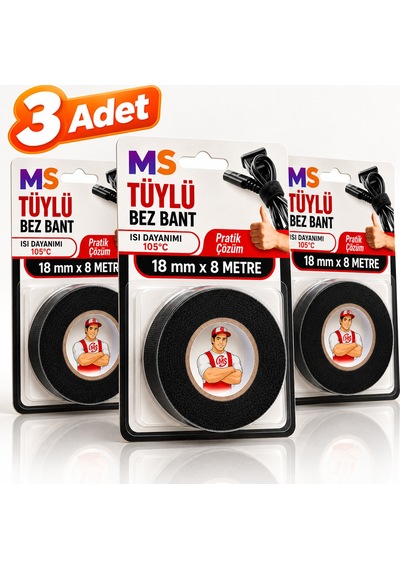 3 Adet Yanmaz Tüylü Bez Bantı Kumaş 18 Mm X 8 Metre Kablo Sarma İzolasyon Bandı Isı Dayanımı 105 C