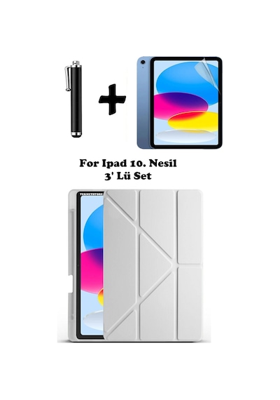 Apple Uyumlu iPad 10. Nesil Kılıf/ekran Koruyucu/kalem Seti Silikon Arka Kapak Stand Olan Uyku Modlu Case Kapaklı Kılıf