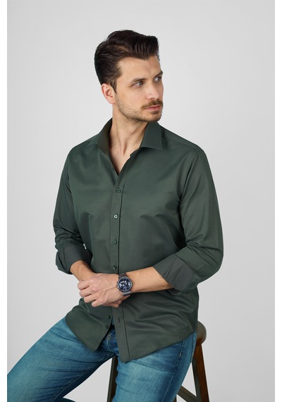 Yeşil Saten Slimfit Erkek Gömlek Yeşil