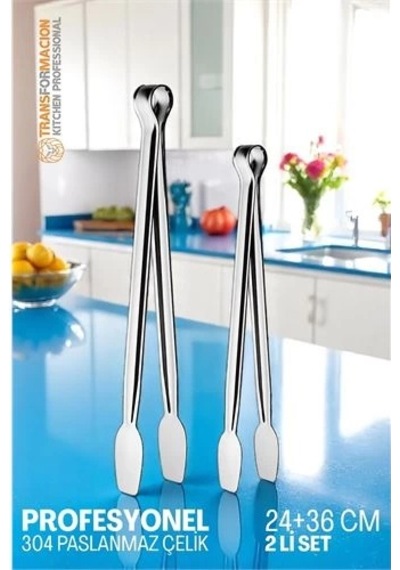 2 Boy Mutfak Maşası - Mangal Barbekü Maşası - Izgara Maşası Tava Maşası Çelik 18 Ve 36 Cm 721809