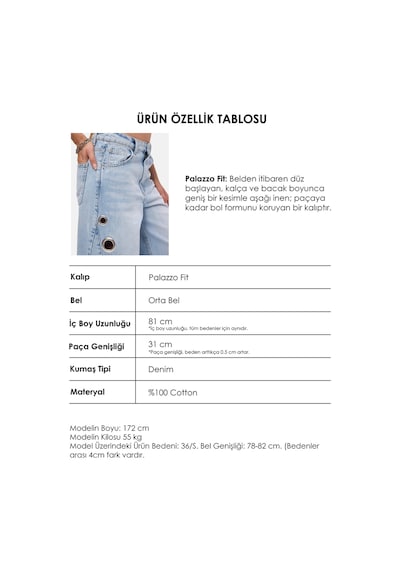 it's basic Kadın Ice 4s6-3 Palazzo Fit Kuş Gözü Detaylı Tasarım Denim Jean Buz Mavi