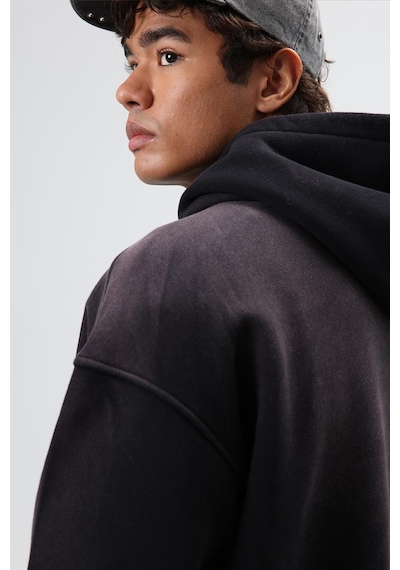 Vamos Oversize Baskılı Yıkamalı Hoodie Siyah