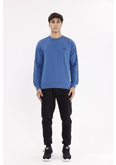 Rowinger Çift Şeritli Raglan Kol Minimal Logolu Bisiklet Yaka Sweatshirt İndigo