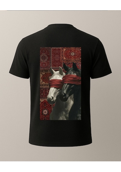 Etnik Atlar Baskılı T-shirt Siyah