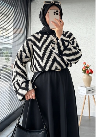 Trend Paris Retro Zigzag Desenli Oversize Örgü Triko Kazak Siyah Standart