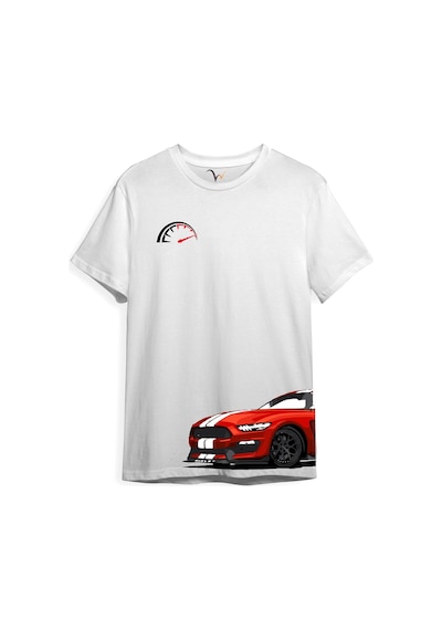 Araba Yan Detaylı Hız Limiti Baskılı Regular Fit %100 Pamuk Beyaz T-shirt Beyaz