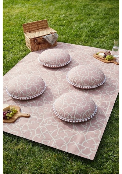 Piknik Örtüsü Seti 4 Minderli Büyük Boy 170x170 Cm Ponponlu Bahçe Ve Plaj Örtüsü Pembe Çok Renkli