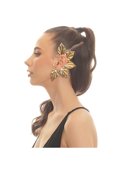 Kadın Altın Renk Lak Kaplama Zirkon Taşlı Yaprak Stilizesi Sol Kulak Earcuff&kıkırdak Küpe Çok Renkli