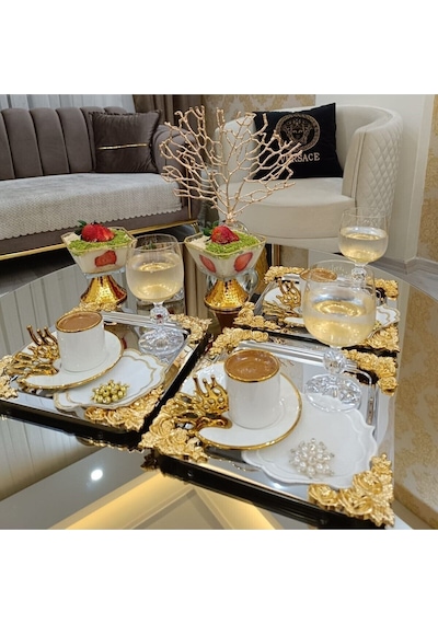 Atabey Home Collection 4'lü Kahve & Çay & Sunum Tepsisi Metal Döküm Gül Model