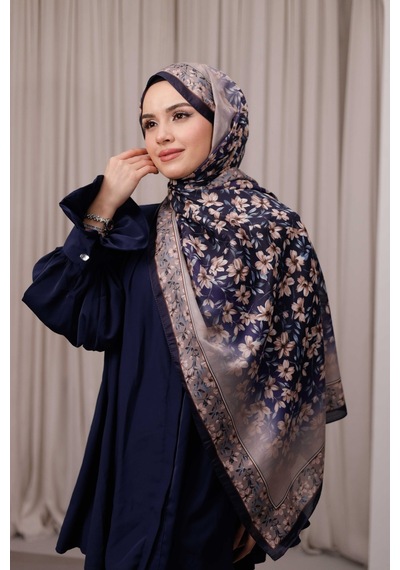 Mimiyum Flora Desen Soft Şal Lacivert Toprak Çok Renkli