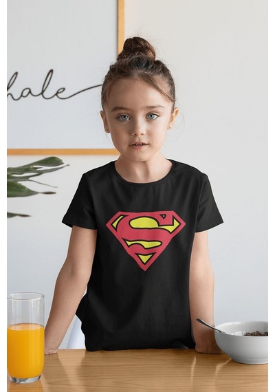 Sevbano Süperman Logo Baskılı Unisex Film Kahramanı Çocuk Tişört 1-12 Ya SIYAH