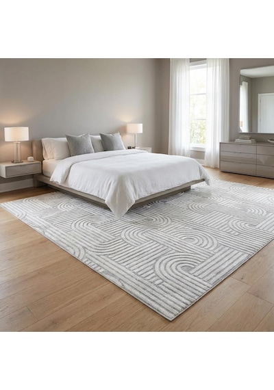 Açık Gri Modern Geometrik Desenli Dijital Baskılı Kaymaz Tabanlı Yıkanabilir Antibakteriyel Halı Açık Gri