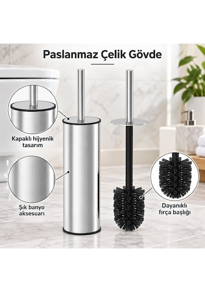 Paslanmaz Çelik Tuvalet Fırçası, Kapaklı Wc Fırçası Seti, Gümüş Renk, Modern Banyo Ve Tuvalet Aksesuarı, Tuvalet Fırçası Beyaz - Çok Renkli