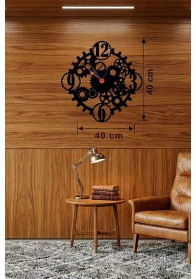 Mey İthalat Mekanik Dişli Çark Tasarım Ahşap Duvar Saati - 40x40 Cm Steampunk Dekor Çok Renkli