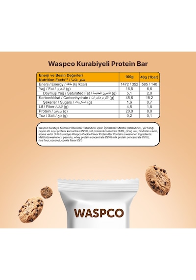 Waspco Protein Bar Kurabiye Aromalı 40 G X 16 Adet